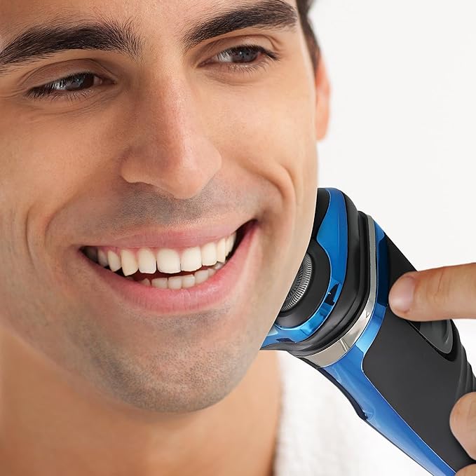 Rechargeable Electric Wet and Dry Rotary Shaver with Stainless Steel Blades, Pop Up Trimmer and LCD Screen