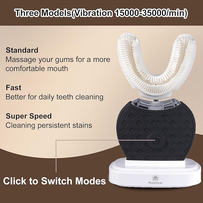 U-Shaped Ultrasonic Toothbrush for Teeth Whitening, Automatic Electric Toothbrush for Adults 360-degree Cleaning, Wireless Charging and IPX7 Waterproof Kit for Travel or Home(Black)