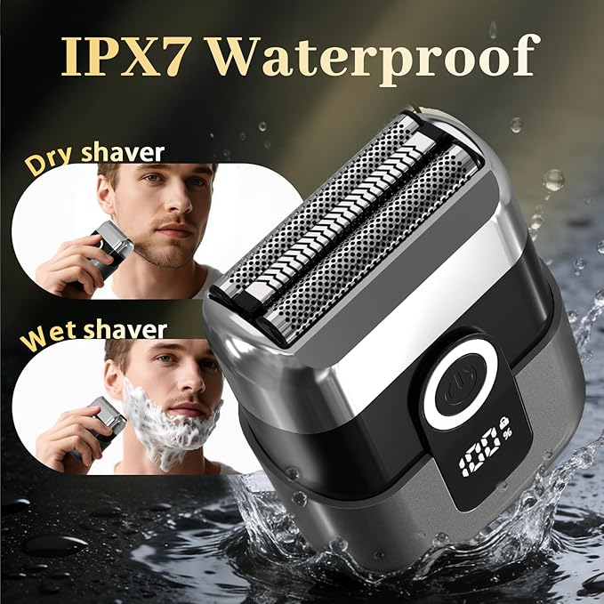 Electric Foil Shaver for Men: Mini Electric Razor for Face/Beard - 3 Floating Blades Cordless Razor with LED Display - IPX7 Waterproof Wet Dry Shaving for Travel & Home, USB Type C