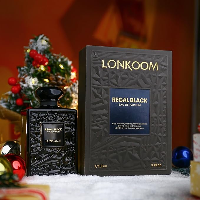 LONKOOM Regal Black Perfume for Men, Woody Spicy Eau De Parfum Spray Long-Lasting Fragrance Cologne 3.4 Fl Oz/100ml, Notes of Frankincense Black Pepper Bergamot Vetiver Papyrus Sandalwood Rose Saffron
