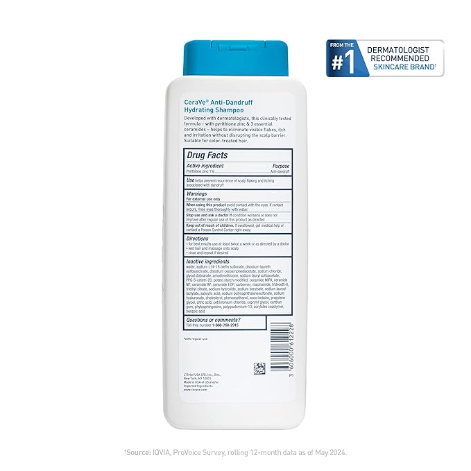 CeraVe Hydrating Anti Dandruff Shampoo, 1% Pyrithione Zinc Dandruff Treatment With Ceramides, Niacinamide, Hyaluronic Acid, Eliminate Flake,Provides Itchy Scalp Relief, Sulfate-Free, 12 Oz (Pack of 2)