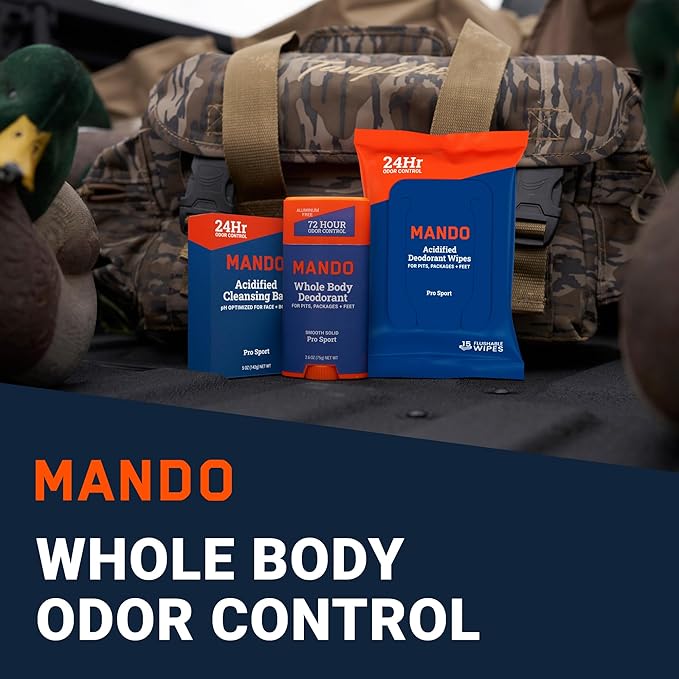 Mando Whole Body Deodorant 3 Piece System - 2.6 oz Smooth Solid Stick, 5.0 oz 4in1 Acidified Cleansing Bar, & 15 ct Deodorant Wipes - Aluminum & Baking Soda Free Odor Control - 3 pc Bundle (Pro Sport)