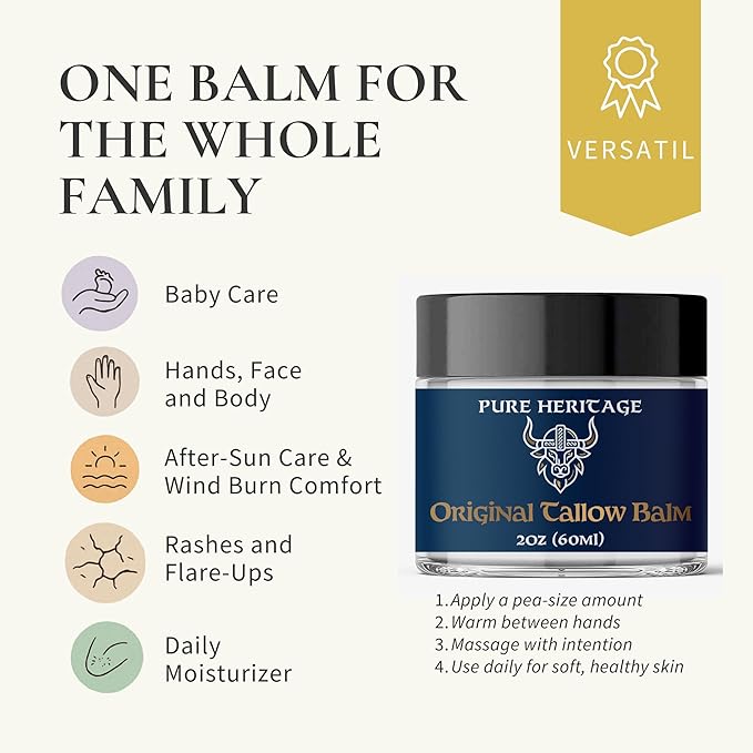 Pure Heritage Original Tallow Balm – Grass-Fed Moisturizer for Sensitive, Dry & Irritated Skin | Natural Frankincense & Cedarwood Balm for Face, Hands & Body | Family-Safe Hydrating Cream | 4oz