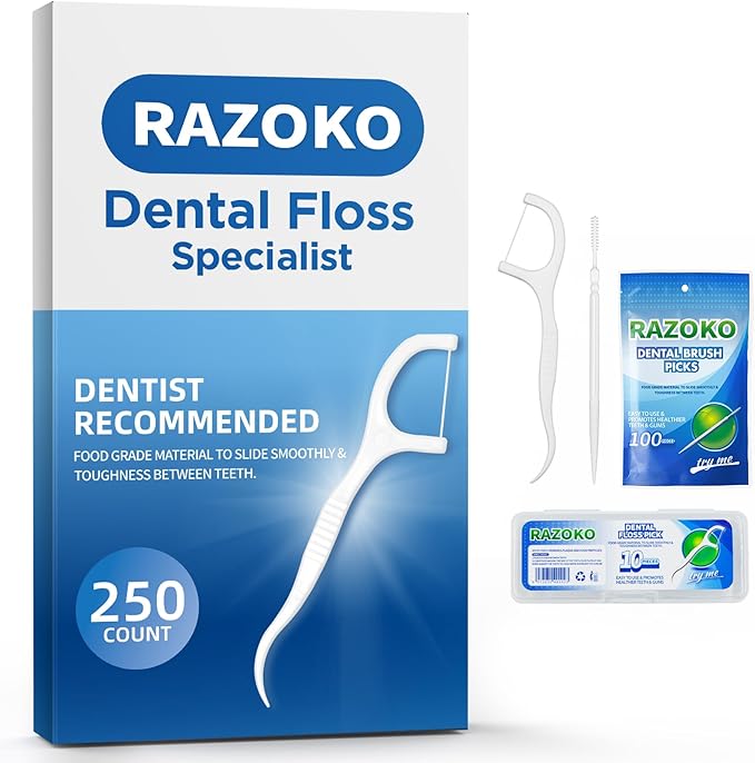 RAZOKO 350ct Shred-Resistant Dental Floss Picks & Interdental Toothpicks - High-Tension Flossers with Portable Travel Case - 2-in-1 Disposable Teeth Cleaners for Tight Gaps & Oral Care