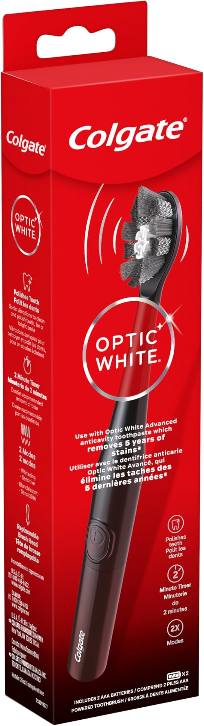 Colgate Optic White Pro-Series Whitening Battery Operated Electric Toothbrush with Timer, Soft, Black