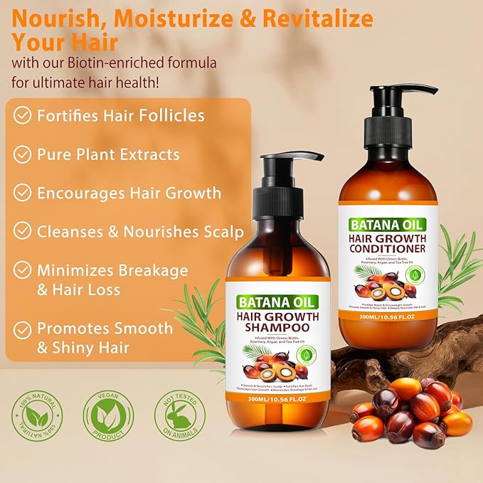 Batana Oil Shampoo and Conditioner for Hair Growth, Anti-Thinning & Deep Moisturizing Cleanses and Helps Strengthen Weak and Brittle Hair for Women Men