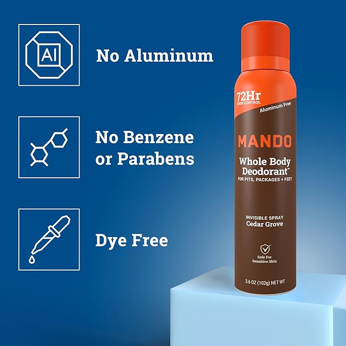 Mando Whole Body Deodorant Spray For Men - Invisible Spray Deodorant - 72 Hr Odor Control - Low Irritation Formula - Aluminum Free & Benzene Free - 3.6 ounces - Pack of 2 - Cedar Grove