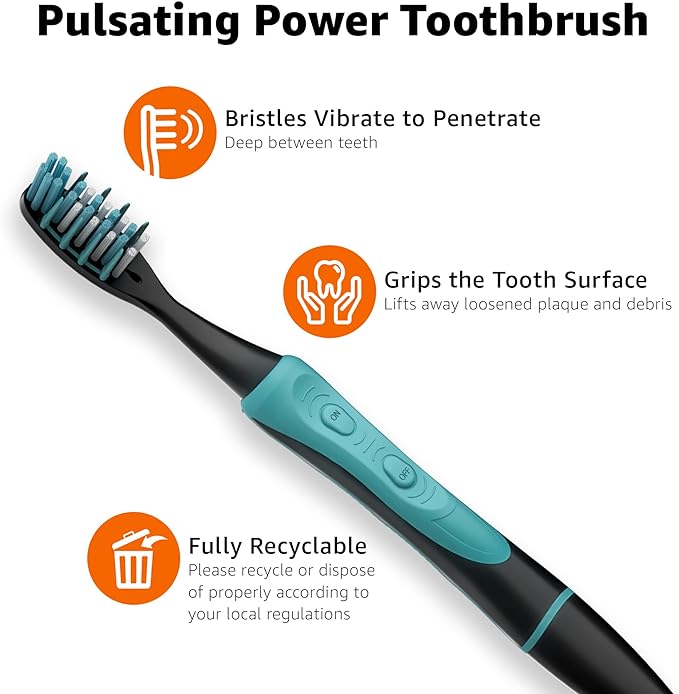 Amazon Basics Soft Electric Toothbrushes for Adults, Pulsating Deep Cleaning, Plaque Removal, Sensitive Gums, Battery Powered, Soft Bristles, 2 Count, Assorted Colors