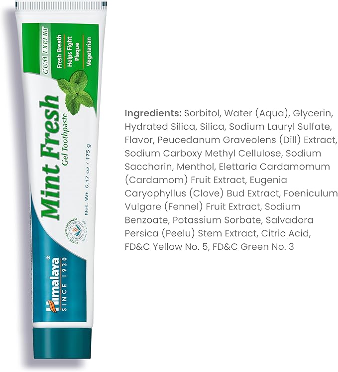 Himalaya Mint Fresh Gel Toothpaste, Fluoride Free to Reduce Plaque & Brighten Teeth, 6.17 oz, 3 Pack