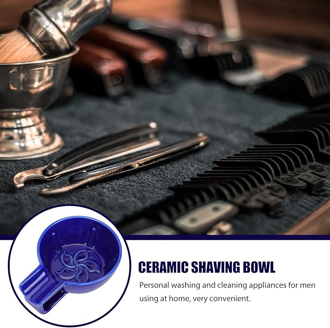 TEHAUX Ceramic Shaving Soap Bowl for Men with Handle Blue Wide Mouth Shaving Foaming Bowl Practical Barber for Wet Razor Use