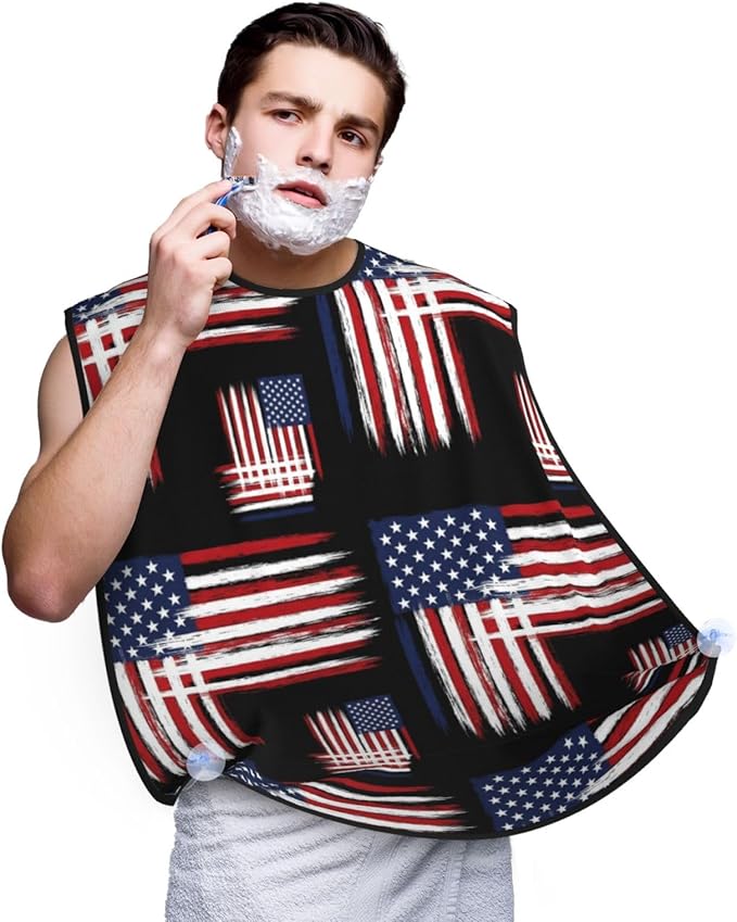 Beard Grooming Cape, Waterproof Hair Catcher for Shaving Trimming, Non-Stick Bib Apron Gifts for Dad Men, USA Flag Grunge Old American Flag Shave Bib