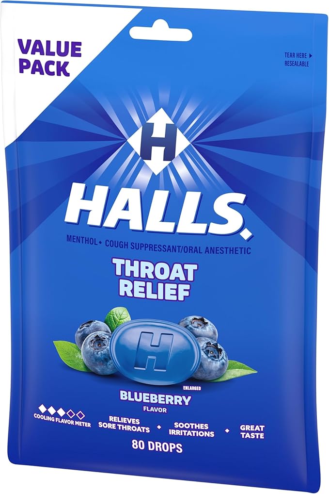 Halls Throat Relief Blueberry Cough Drops, Value Pack, 80 Drops