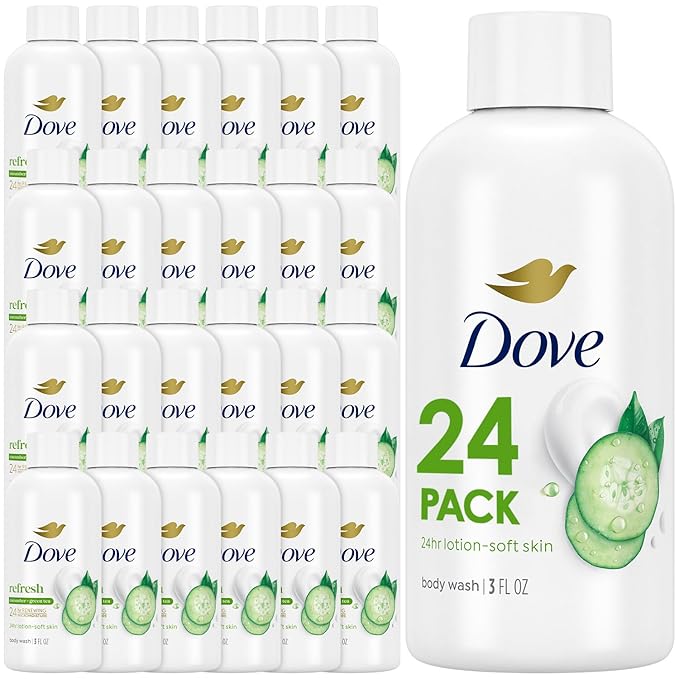 Dove Travel Body Wash, Refresh 24-Pack, Cucumber & Green Tea, Moisturizing for Lotion-Soft Skin, 3 Oz Ea