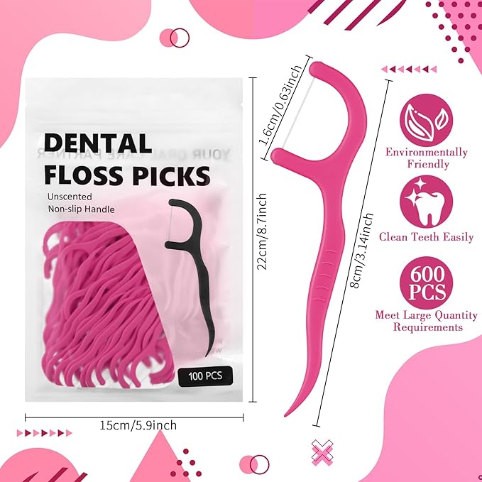 Baderke 200 Count Floss Picks Bulk Non Breakable Tooth Picks Flosser Dental Floss Sticks for Adults Teeth Cleaning Dental Flossers for Family Pack Travel (Hot Pink)