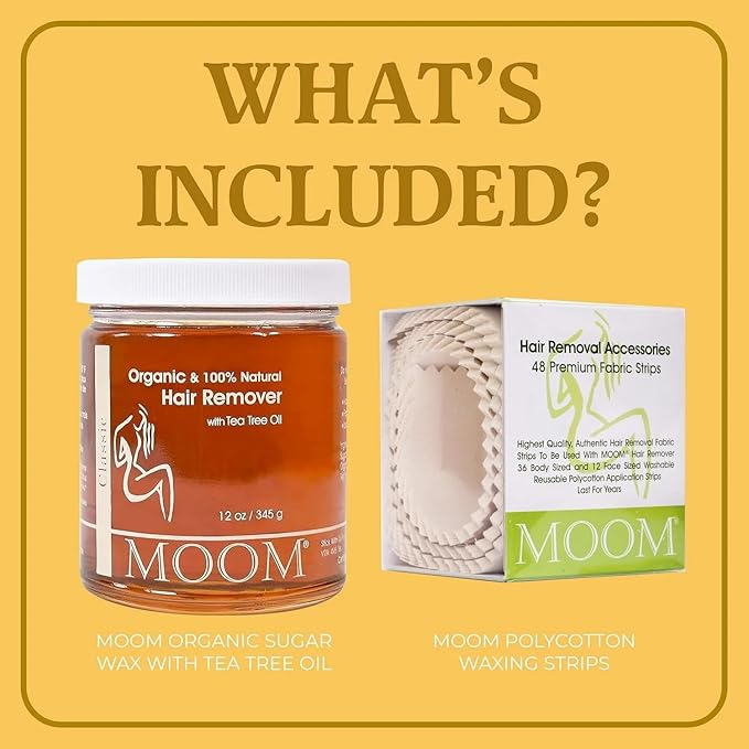 MOOM Organic Sugar Wax with Tea Tree Oil (12 oz) + 48 Reusable Polycotton Waxing Strips – Gentle Hair Removal Kit for Face, Bikini, Legs & Body – Natural & Vegan for Women & Men (Sticks NOT Included)