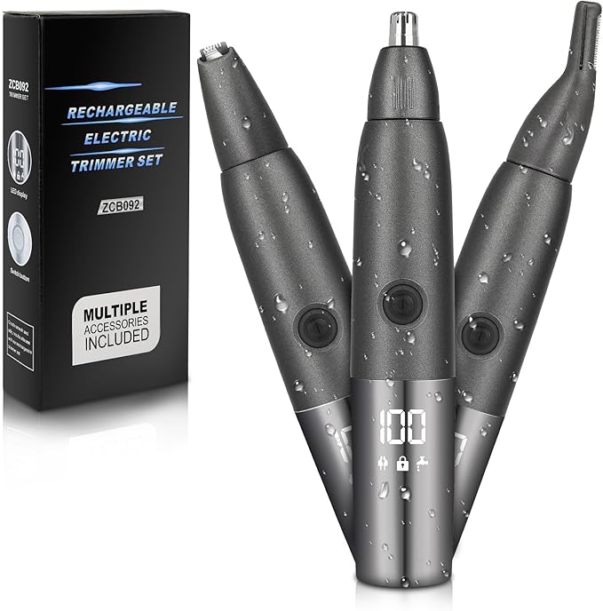 Weesiber 3 in 1 Nose Hair Trimmer for Men - Rechargeable Nose Trimming Kit, Painless Eyebrow Clippers for Women, IPX7 Waterproof Facial Sideburns Trimmer with LED Power Display (Black)