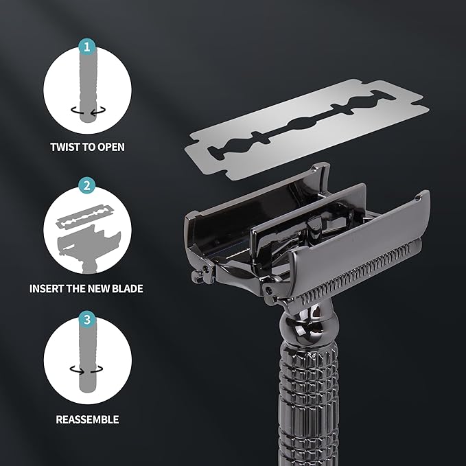 Gearhub Butterfly Double Edge Safety Razor Reusable Stainless Metal Wet Shaving Razor with 10 Swedish Platinum Blades for Men Women Barber Bikini Armpit Hair, Matte Black GR179