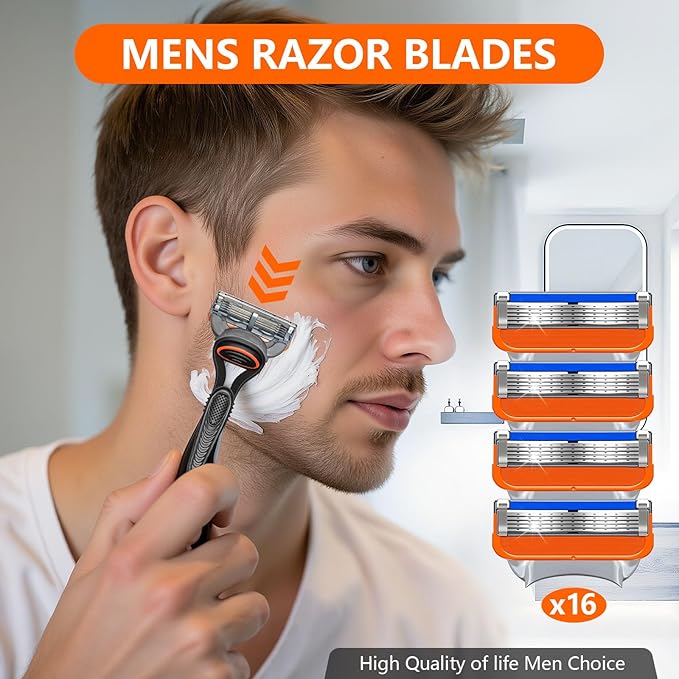 16 Count Razor Blade Shaving Razor Blade Refills for Fusion 5, a More Comfortable Shave for Men, Orange New Version