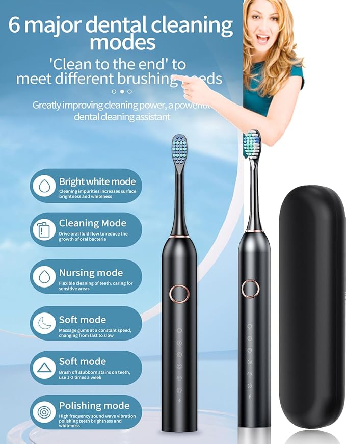 Electric Tootbrush for Adults, 6 Cleaning Modes Sonic Toothbrush with 4 Brush Heads, 45000 VPM, IPX7 Waterproof Rechargeable Toothbrushes Built-in 800mah Battery (Black+4 Brush Heads)