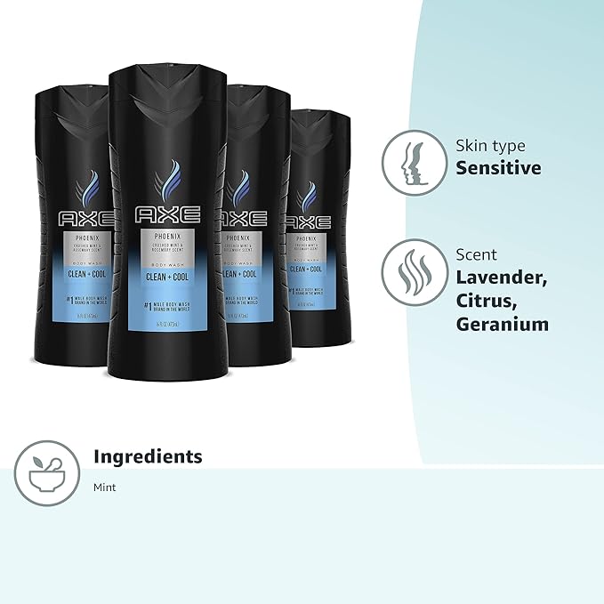 AXE Body Wash Phoenix 12h Refreshing Scent Crushed Mint & Rosemary Men's Body Wash with 100% Plant-Based Moisturizers 16 oz,(Pack of 8)