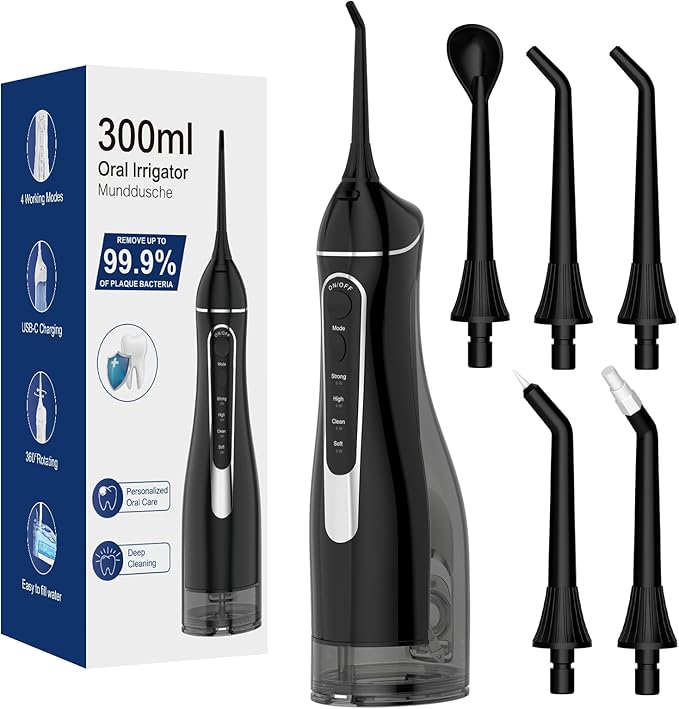 Water Flosser Cordless Oral Irrigator with 4 Modes and 4 Jet Tips, IPX7 Waterproof, 300ml/10oz for Adults, Home and Travel Use in Black