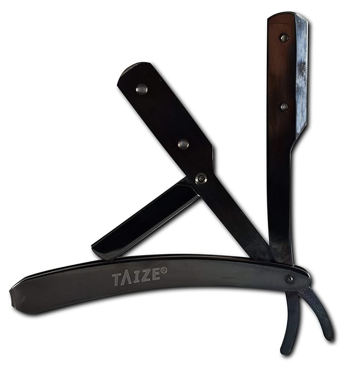 TAIZE - Straight Razor - Black Steel Titanium - 5'', with Free Pack of 100 Blades