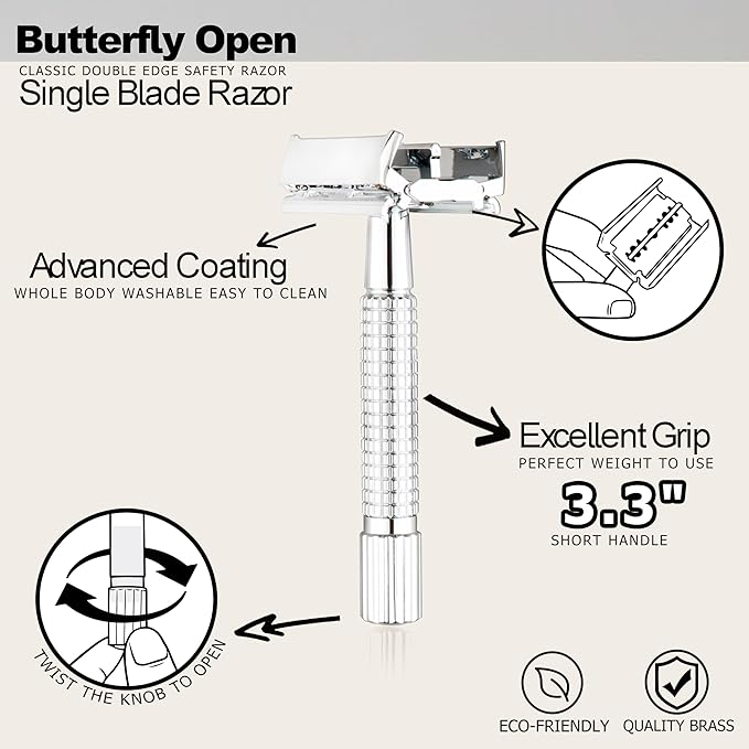 WEISHI Butterfly Open Double Edge Safety Razor for Men, Chrome Short Handle with 5 Stainless Razor Blades Included, Reusable Wet Shave Tool for Smooth, Close Shave