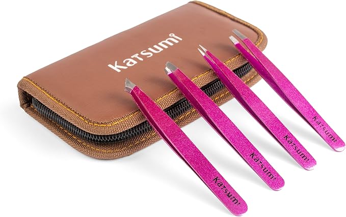 Katsumi Pinnacle 4-Piece Tweezers Set – Precision Stainless Steel Tweezers for Eyebrows, Facial Hair, Ingrown Hair, Splinters – Professional Beauty Kit Pink Gliiter