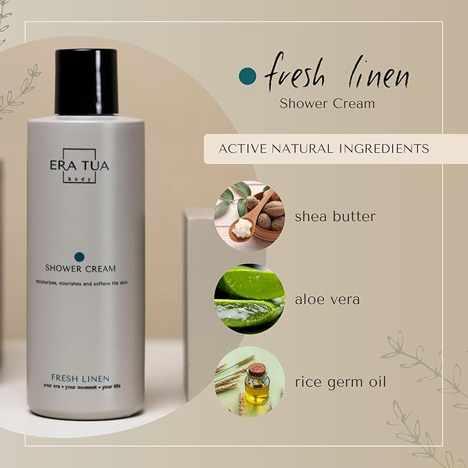 Fresh Linen Shower Cream | Dutch Made & Formulated | Natural, Vegan, Paraben Free & Cruelty Free| Hydrating Body Wash for All Skin Types |sulfate Silicone free | Jasmine & Rose Scent | 200 ml