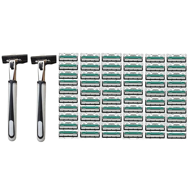 Men's Razor, Twin Blade, Shaving Thoroughly For an Ultra Soothing and Comfortable Shave (2 Handle + 60 Cartridges)