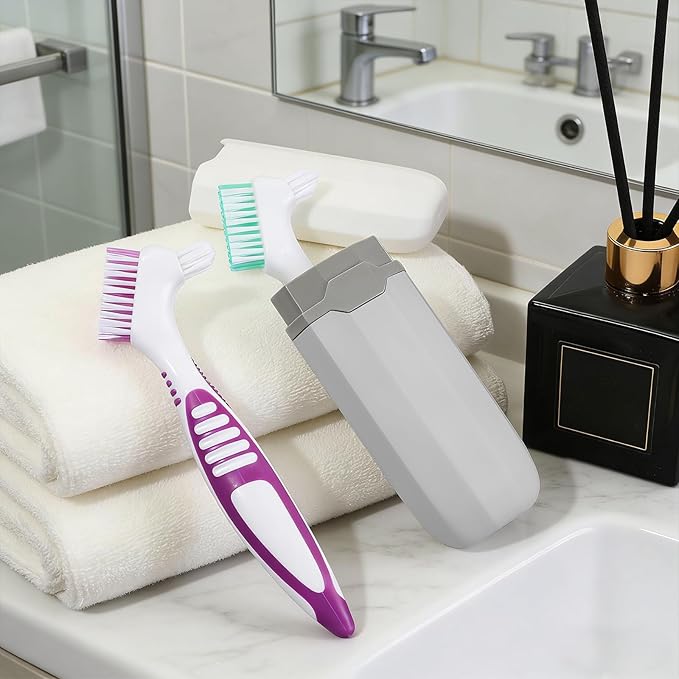 Denture Brush with Case, Convenient Travel False Teeth Toothbrush, Rubber Material, Ergonomic Handle False Teeth Toothbrush, Soft Denture Brush, Effective Denture Cleaner Brushes Kit