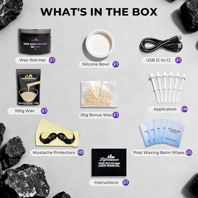 Lifestance Nose Wax Kit for Men & Women - 120g Nose Hair Wax Kit with USB Fast Heating, Smart Temp Control, 48 Sticks, Painless Ear Hair Removal, Compact, Travel-Ready, Multi-Accessories