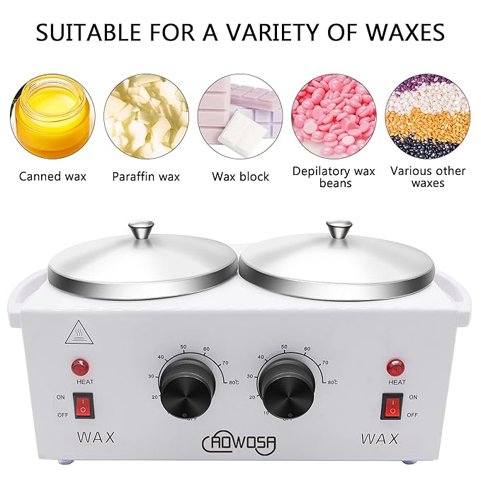 Professional Waxing Kit Wax Warmer Double Pot Wax Heater Machine for Hair Removal, Large Waxing Pot for Spa Salon Beauty Esthetician Home, with Adjustable Temperature Set, 50 Stick(White)