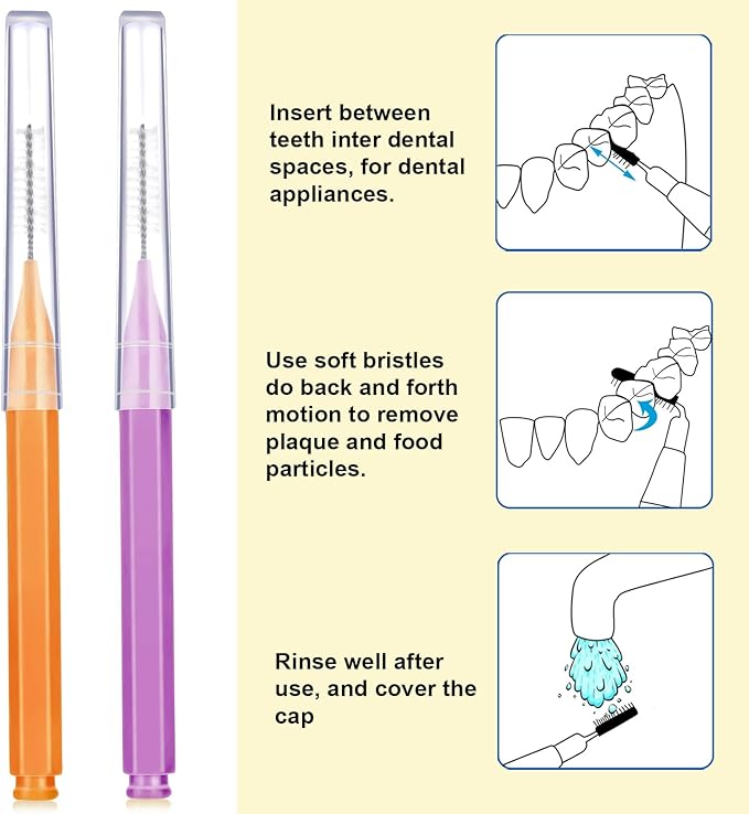 Patelai 100 Pieces Braces Brush for Cleaner Interdental Brush Toothpick Dental Tooth Flossing Head Oral Dental Hygiene Flosser Toothpick Cleaners Tooth Tool(Purple, Orange,Cute Size)