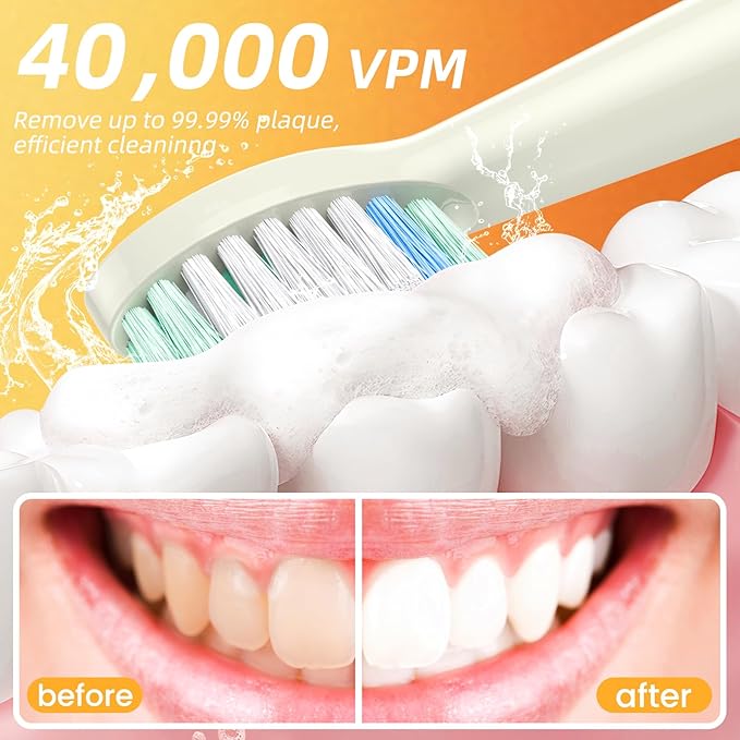 YUNCHI Sonic Electric Toothbrush, Electric Toothbrush for Adults and Kids, Rechargeable Battery Toothbrushes, 4 Brush Heads, 2 Min Timer, IPX7 Waterproof, 5 Modes, Red Yellow Gradient