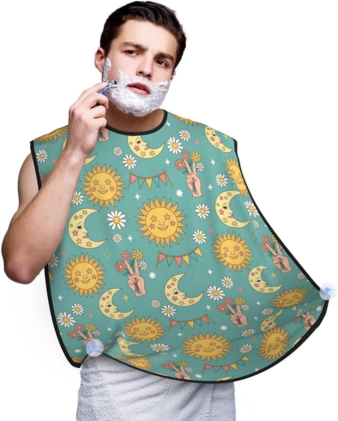 Beard Bib with 3 Suction Cups, Non-Stick Waterproof Hair Catcher Apron, Men's Shaving Essential for Grooming, Retro Tarot Card Rainbow Moon Sun Shave Bib
