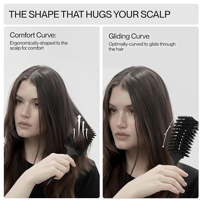 COCCO Aura Vent Boar Brush | Vented Dual-Curved Design for Faster Drying, Effortless Detangling & Shine, Boar + Nylon Bristles, Ergonomic Comfort Handle for Wet & Dry Hair Styling - Black