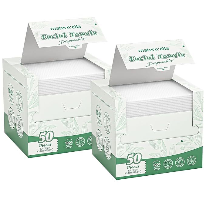 MATERN'ELLA Disposable Face Towels XL Ultra Soft Biodegradable Dry Wipes, Plant-Based Lint-Free Facial Towelettes for Makeup Removal & Sensitive Skin, Premium Texture for Effective Cleansing 2 x 50 Ct