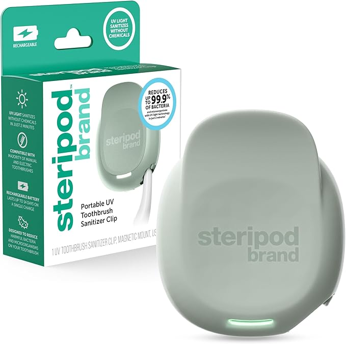Steripod Brand Portable UV Toothbrush Sanitizer Clip, Reduces Harmful Microorganisms, Rechargeable, Sage, 1 Count