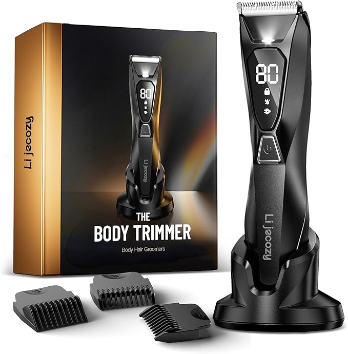Pubic Hair Trimmer for Man - Cordless Body Hair Trimmer for Men - Electric Ball Shaver with Display & Light - Waterproof Wet/Dry Groomer kit for Groin - 4000K Light - Cosmic Black