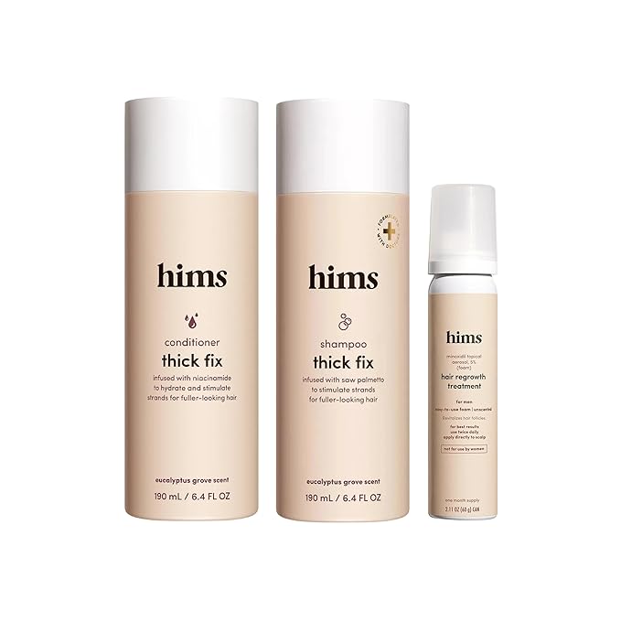 hims Thick Fix Shampoo & Conditioner Set for Healthy Hair Growth & Thickening - Scalp Cleansing - Eucalyptus Scent, 6.4 fl oz & hims hair regrowth treatment minoxidil 5% topical solution foam - 2.1 oz