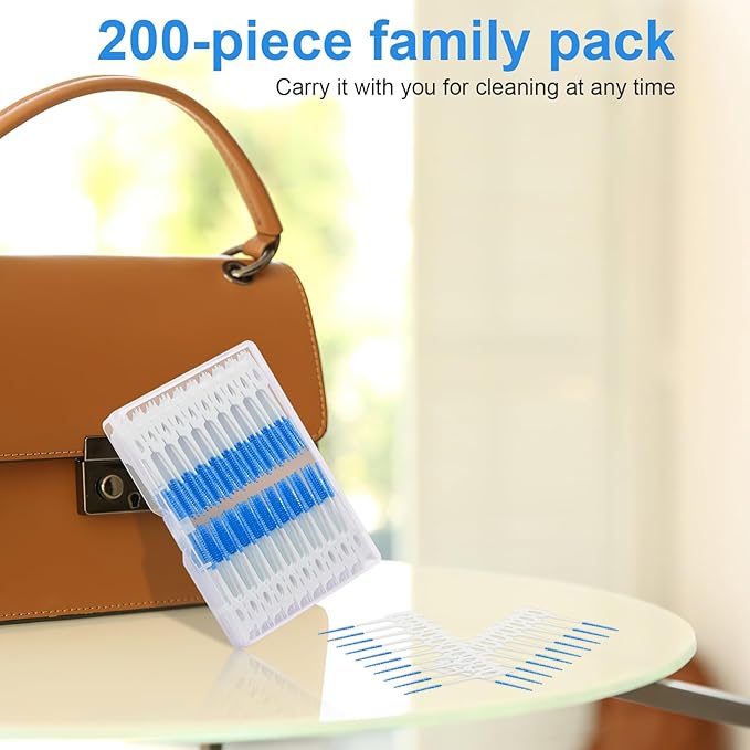 Dental Floss Picks, 200 Count, Soft Rubber Brush Head, Interdental Brushes with Convenient Carry Case,Dual-Ended Toothpick Travel Teeth Cleaning Tools (Blue)