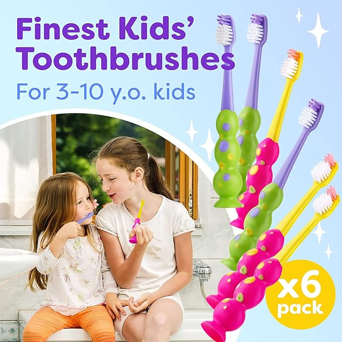 Trueocity Kids Toothbrush 6 Pack - Soft Contoured Bristles - Child Sized Brush Heads (3-10 Year Old) - Suction Cup for Fun & Easy Storage - Girl & Boy Set (6-Pack, Green & Pink)