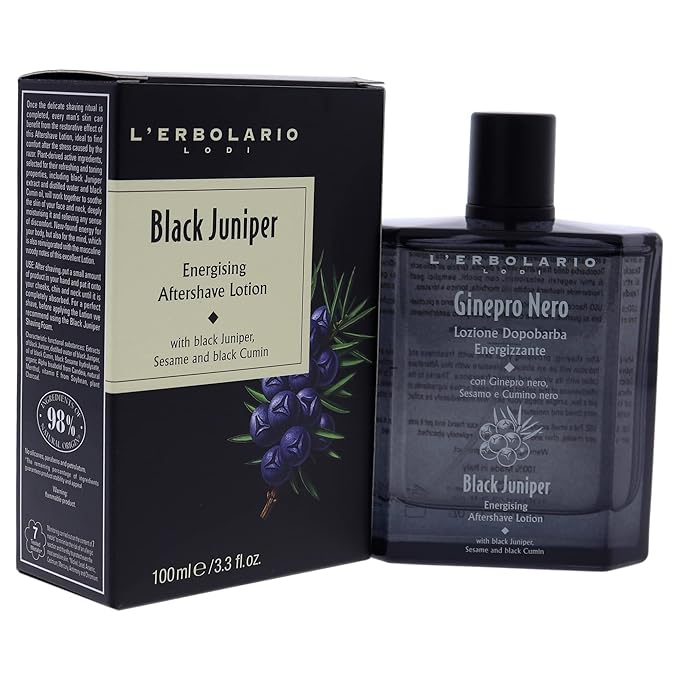 L'Erbolario Energizing After Shave Lotion - Hydrating Aftershave for Men for Soothed Face and Neck - Woody Post Shave Cream - Black Juniper - 3.3 oz