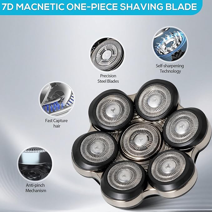 Magnetic Head Shaver Replacement Heads, 7 Double Ring Waterproof Rotary Razor Blades for Bald Men Compatible with Freebird wyklaus shpavve(Silver) (black7D)