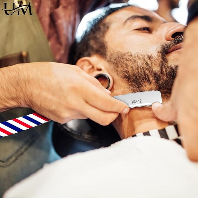 UM Supplies Straight Razors for Men – Professional Barber Straight Edge Razor Kit with 10 Replaceable Insert Single Edge Blades - Navajas Para Barbero Barber Pole Design (Red, White, Blue)