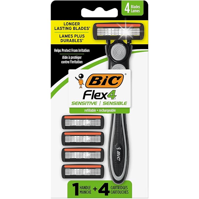 BIC Flex 4 Refillable Razors for Men, Long-Lasting 4 Blade Razors for Sensitive Skin, 1 Handle and 4 Cartridges, 5 Piece Shaving Kit