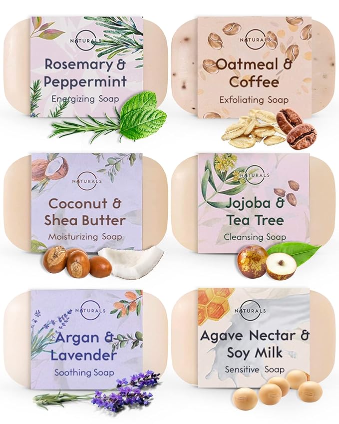 O NATURALS 100% Natural Bar Soap - Gift Set - Organic Ingredients & Essential Oils - Spa Gifts for Women & Men, Body Wash & Face Soap - 6PC Natural Collection