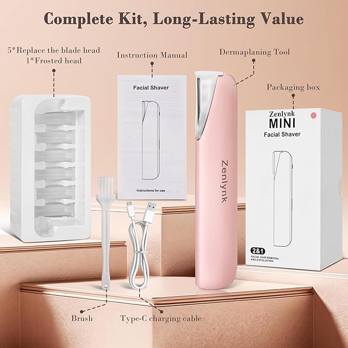 Vibration-Assisted Manual Dermaplane Razor for Women Face, Zenlynk Facial Exfoliator & Peach Fuzz Trimmer with 3 Vibration Modes, LED Light, 5 Replacement Blades & Exfoliating Scrubber, Pink