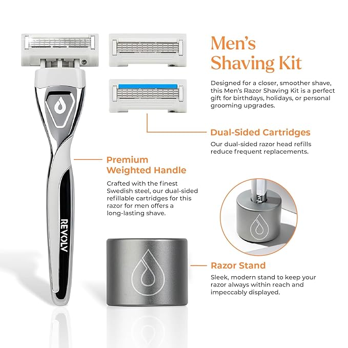REVOLV - Men’s Razor - 1 Premium Weighted Handle + 1 Dual-Sided Cartridge + 1 Stand - For a Closer, Smoother Shave - Safe on Sensitive Skin - Grey